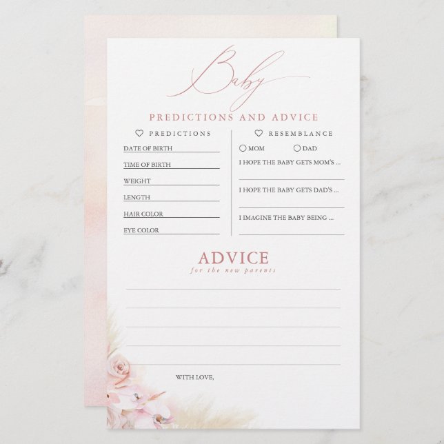 Lámina Predicciones para bebés y juego Baby Shower de con (Anverso / Reverso)