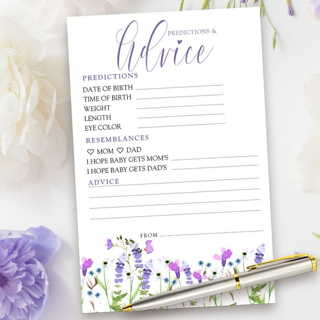 Lámina Predicciones y consejos Baby Shower Purple Wildflo (Preditions and Advice Card from my Purple Wildflower Collection.)