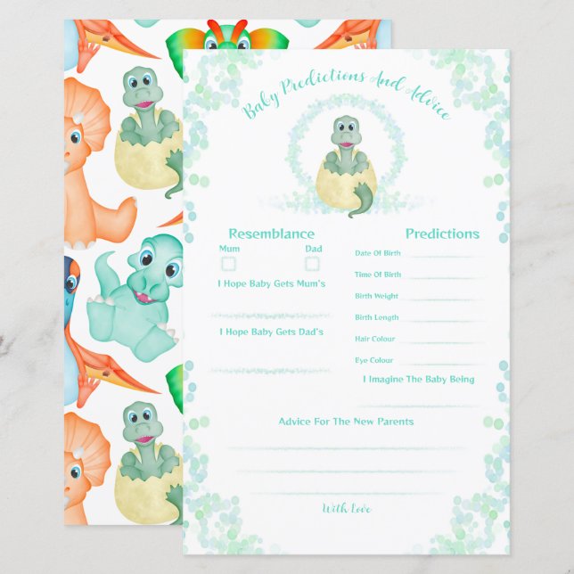Lámina Predicciones Y Consejos De Baby Shower De Los Dino (Anverso / Reverso)