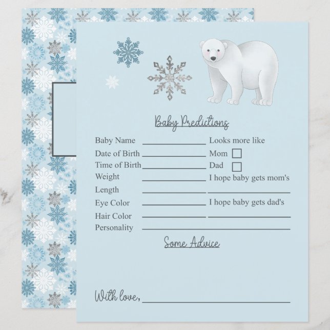 Lámina Predicciones Y Consejos De Baby Shower Del Oso Pol (Anverso / Reverso)