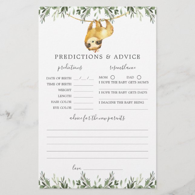 Lámina Predicciones y consejos de Baby Shower para animal (Anverso)