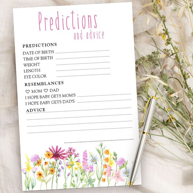 Lámina Predicciones y consejos de Baby Shower sobre flore (Baby Shower Predictions and Advice Card from my Wildflower Meadow collection)