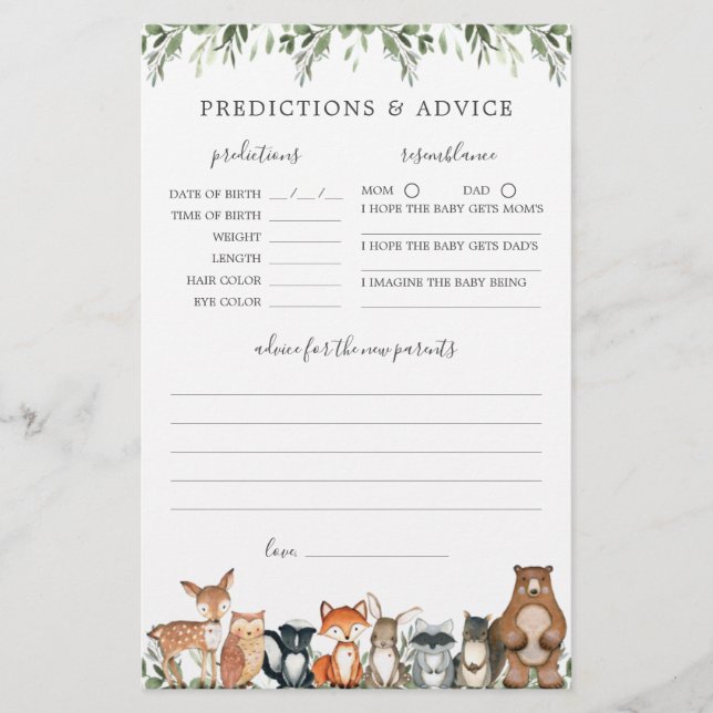 Lámina Predicciones y consejos de Woodland Baby Shower (Anverso)