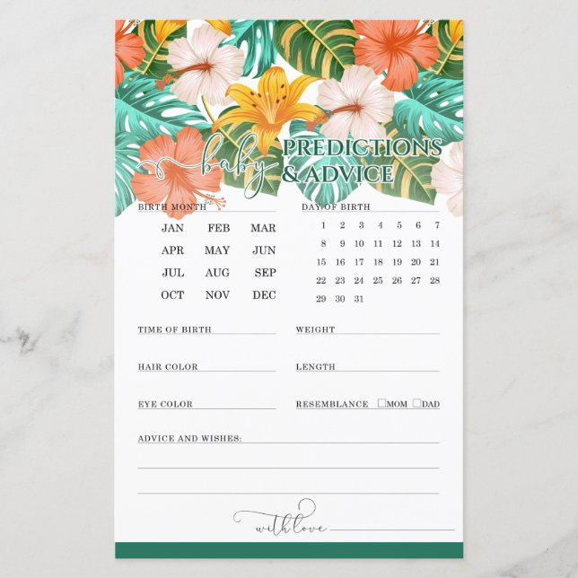 Lámina Predicciones y consejos para juego de Baby Shower  (Anverso)