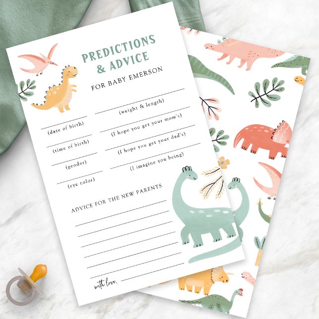 Lámina Predicciones y consejos sobre los dinosaurios (Dinosaur Theme Baby Shower Predictions and Advice Card by Painted Paperie
)