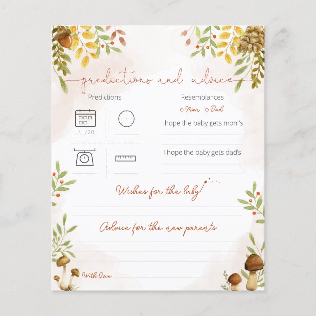 Lámina Predicciones y consejos, Woodland Baby Shower (Anverso)