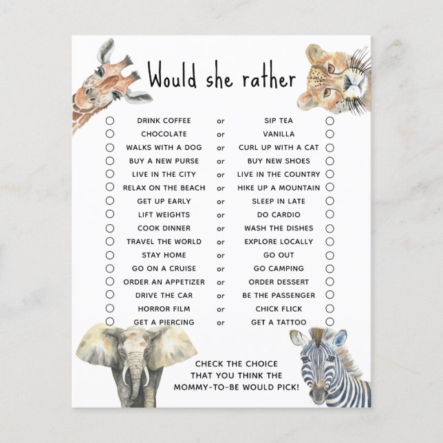 Lámina ¿Preferiría ella? - juego para baby shower safari (Anverso)