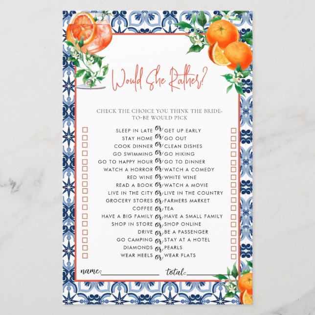 Lámina ¿Preferiría? Spritz Bridal Shower Game (Anverso)