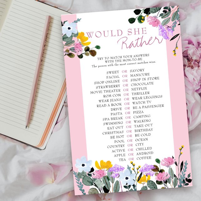 Lámina ¿Preferiría Un Juego De Baby Shower De Flores Silv (Would she rather guessing game card from my Wildflower Lawn Collection.
)