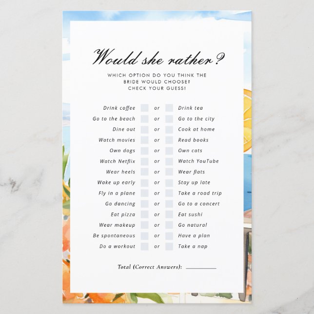 Lámina ¿Prefiere Aperol Spritz Bridal Shower Game? (Anverso)