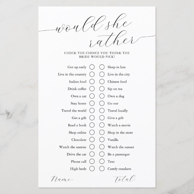 Lámina ¿Prefiere Calligraphy Shower Game? (Anverso)