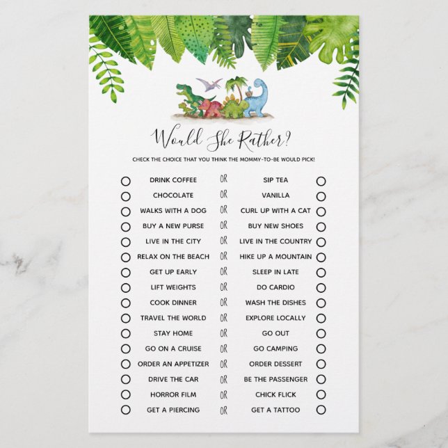 Lámina ¿Prefiere el juego de Baby Shower Dinosaur? (Anverso)