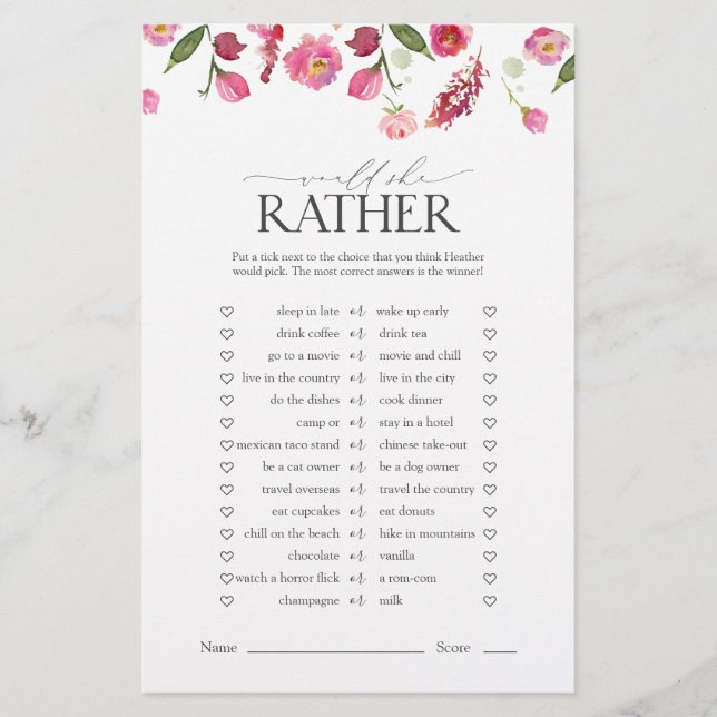 Lámina ¿Prefiere Flores Rosadas Un Juego De Ducha Bridal? (Anverso)