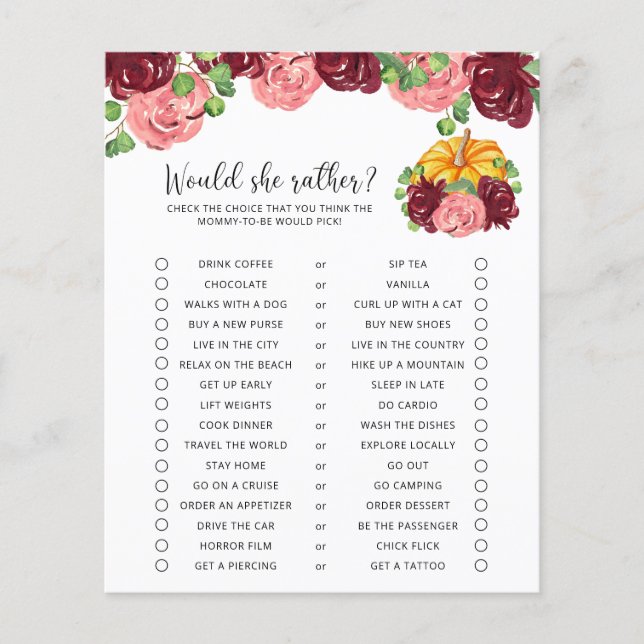 Lámina ¿Prefiere? - Juego de Baby Shower de calabaza (Anverso)