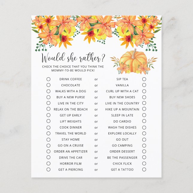 Lámina ¿Prefiere? - Juego de Baby Shower de calabaza (Anverso)