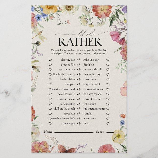 Lámina ¿Prefiere Presionar El Juego De Ducha De Novias Fl (Anverso)