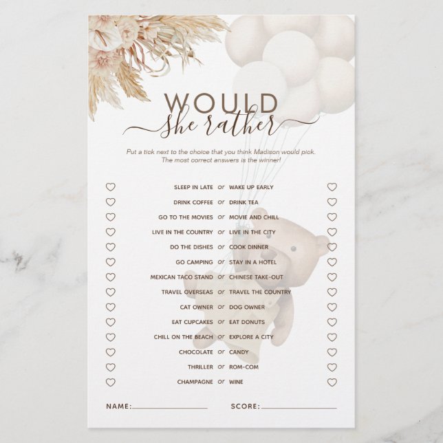 Lámina ¿Prefiere Que Teddy Lleve Un Juego De Baby Shower? (Anverso)