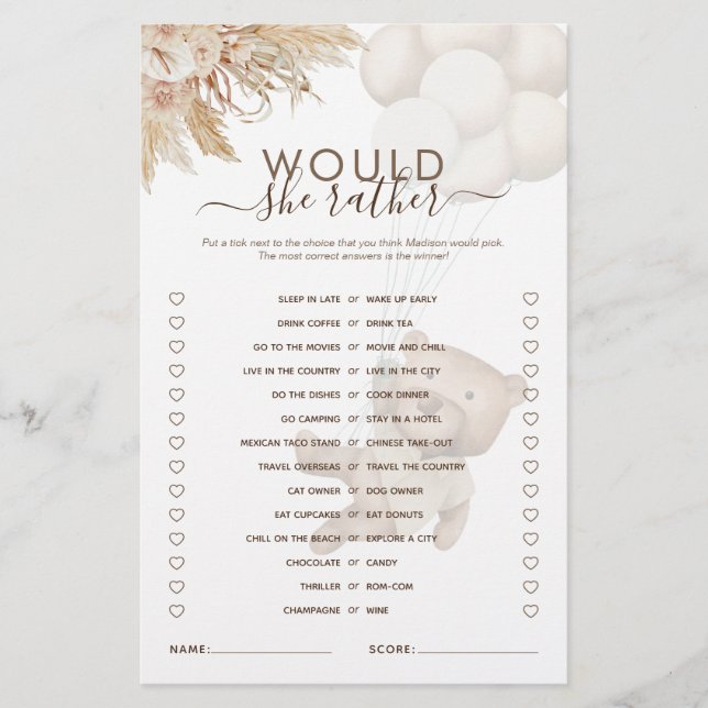 Lámina ¿Prefiere Que Teddy Lleve Un Juego De Baby Shower? (Anverso)