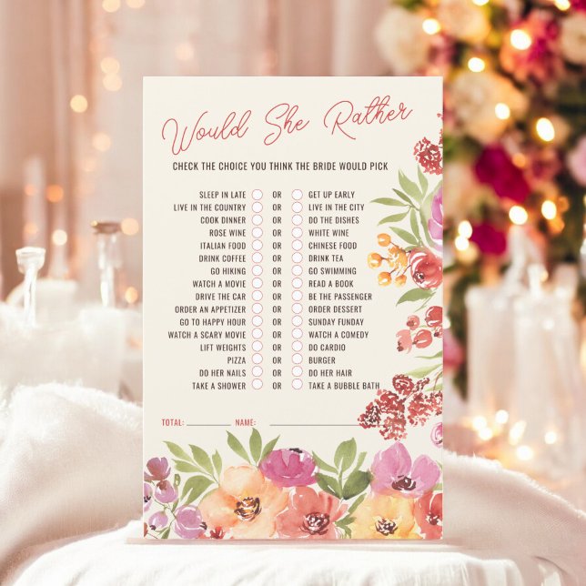 Lámina ¿Prefiere tener un juego de ducha de novia floral? (Would she rather boho floral bridal shower game)
