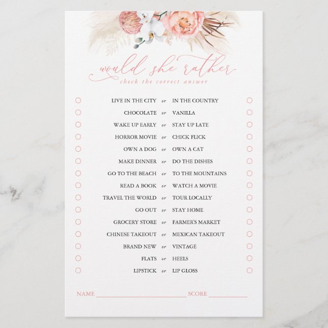 Lámina ¿Prefiere Un Juego De Novias Florales Rosadas? (Anverso)