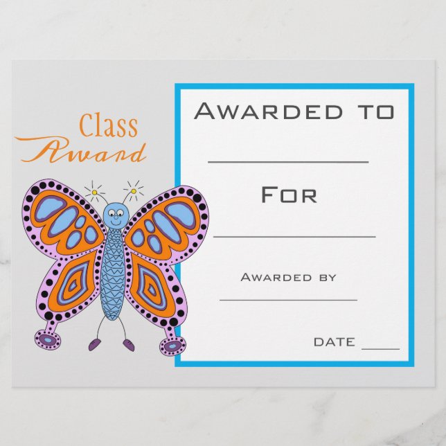 Lámina Premiación de clase tierno animal mariposa (Anverso)