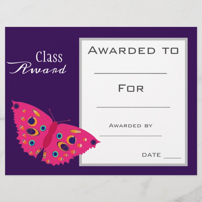 Lámina Premiación de clase tierno animal mariposa (Anverso)