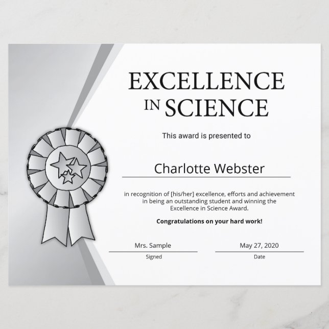 Lámina Premio a la excelencia plateada en el certificado  (Anverso)