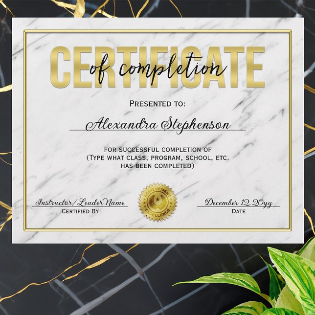 Lámina Premio al Certificado de Mármol de Oro del Curso d (certificate of completion)
