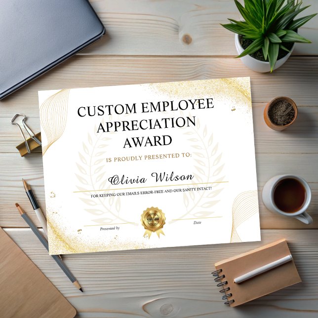 Lámina Premio de Apreciación de Empleados Graciosos Edita (Editable Funny Employee Appreciation Award)