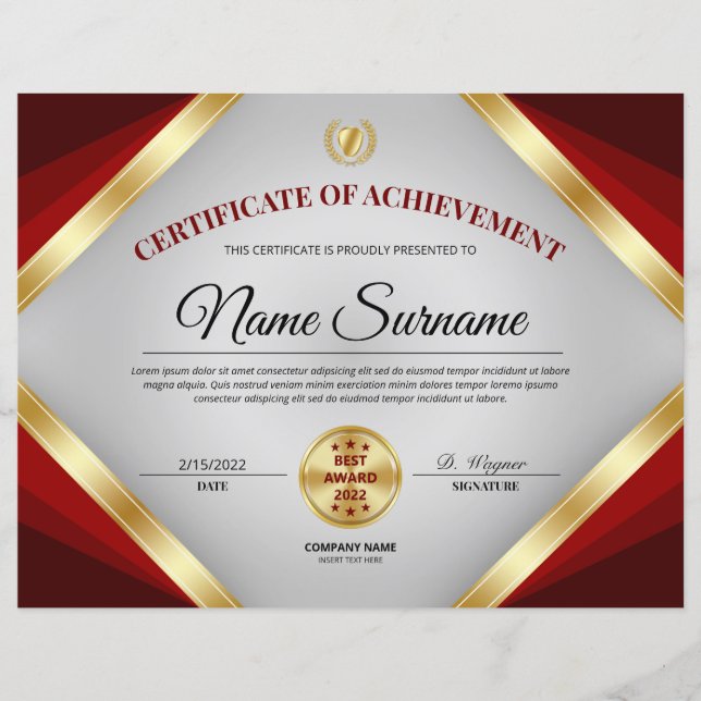Lámina Premio de Certificación Profesional al Logro (Anverso)