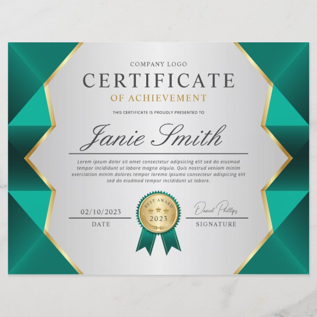 Lámina Premio De Certificado De Logro verde azulado Y Oro (Anverso)