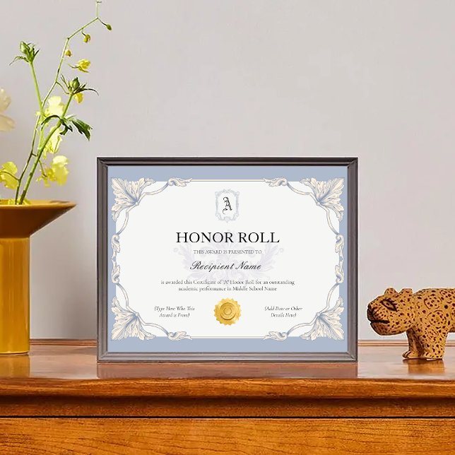 Lámina Premio Editable Blue HonorRoll Certificate (Editable Blue HonorRoll Certificate Template Award)