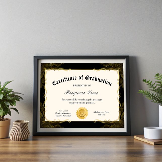 Lámina Premio Editable de Certificado Negro de Graduación (Editable Black Certificate of Graduation Award)