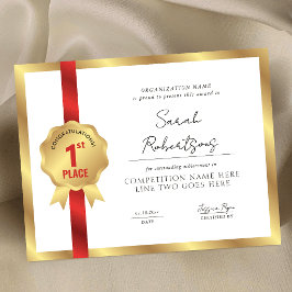 Lámina Premio Ganador del Primer Lugar con Cinta Roja y M