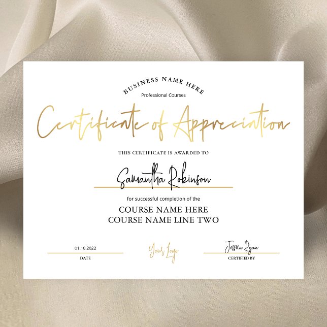 Lámina Premios Faux Gold de Certificado de Apreciación (Elegant white and faux gold Certificate of Appreciation design, perfect to create custom awards)