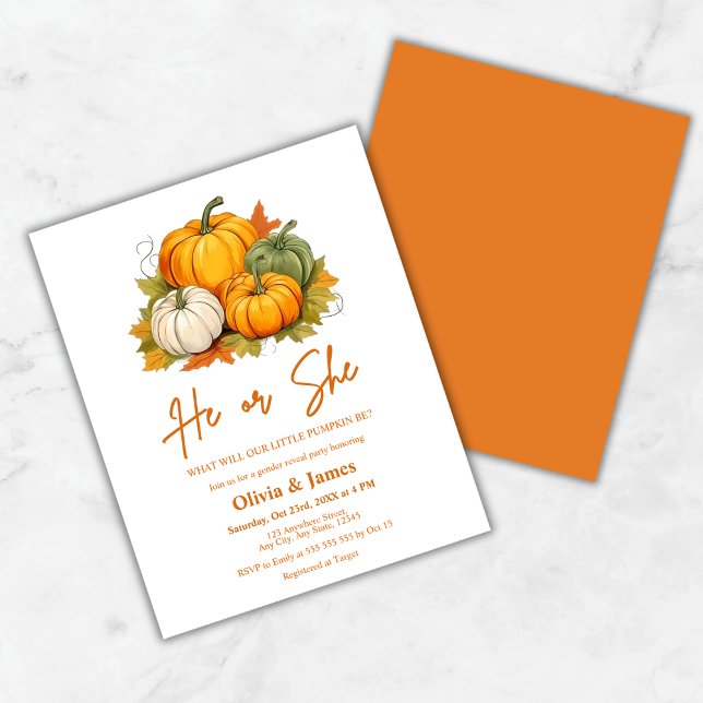 Lámina Presupuestación Invitación a revelar el género de  (Budget He or She Fall Pumpkin Gender Reveal Party Invitation )