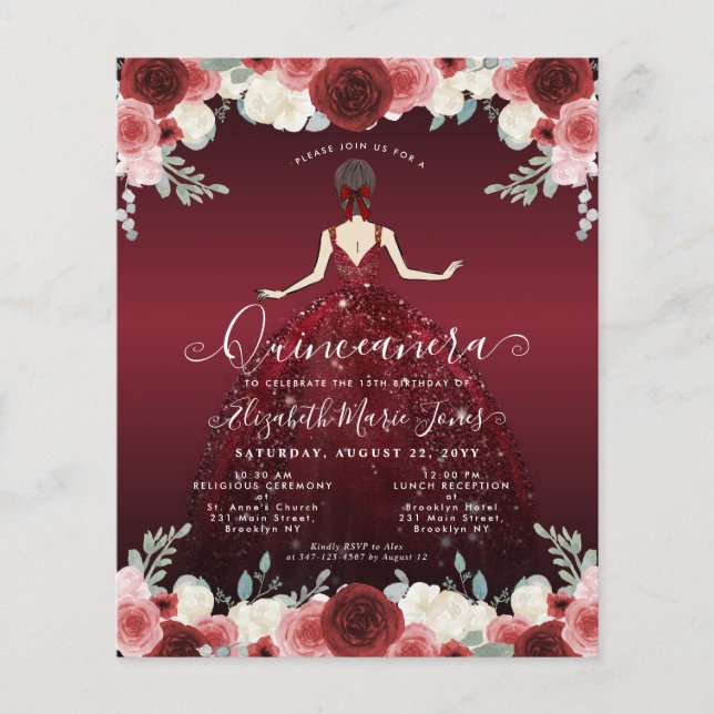 Lámina Presupuestario Floral Borgoña Rojo Vestido Quincea (Anverso)