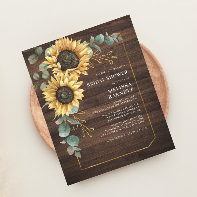 Lámina Presupuestario Girasol Eucalyptus Bridal Shower Ru (Rustic Floral Sunflower Eucalyptus Greenery Wood Bridal Shower Invitation)