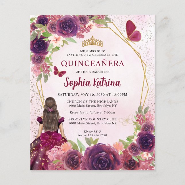 Lámina Presupuestario Maroon Red Gold Floral Princesa Qui (Anverso)