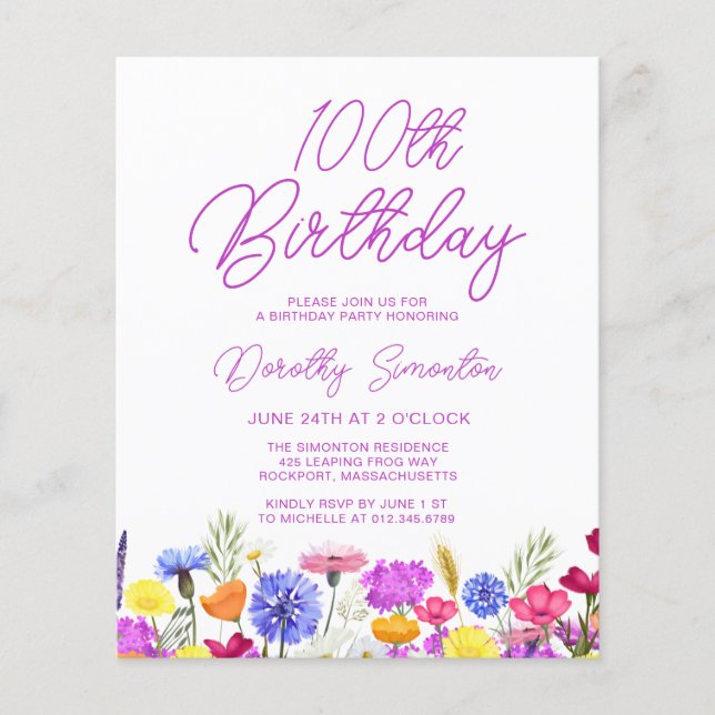 Lámina PRESUPUESTO 100 cumpleaños Invitación a la flor vi (Anverso)