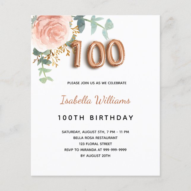 Lámina Presupuesto 100 cumpleaños rosa floral eucalipto o (Anverso)
