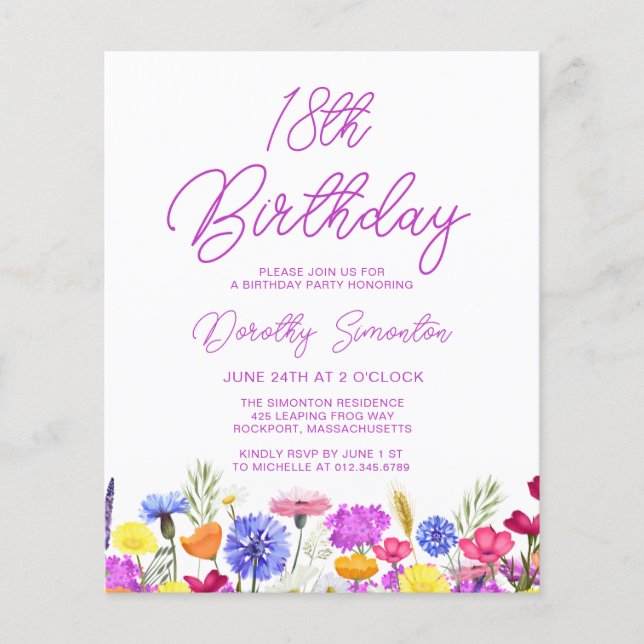 Lámina PRESUPUESTO 18º cumpleaños Invitación a la flor vi (Anverso)
