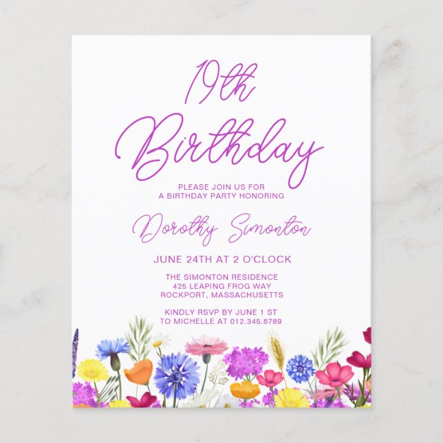 Lámina PRESUPUESTO 19º cumpleaños Invitación a la flor vi (Anverso)