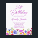 Lámina PRESUPUESTO 21ª Invitación a la Flor Púrpura<br><div class="desc">Un borde de flores silvestres de bonito decora el fondo de esta invitación para fiestas de 21 años. Las flores moradas, azules, amarillas y naranjas crean un diseño colorido y feliz para celebrar este cumpleaños histórico. La caligrafía púrpura moderna y sencilla aporta un toque de moda para mantenerla fresca. El...</div>