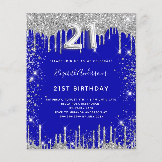 Lámina Presupuesto 21 cumpleaños purpurina real azul plat (Anverso)