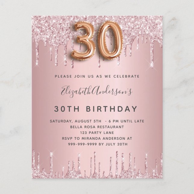 Lámina Presupuesto 30.º cumpleaños goteo de rosa polvorie (Anverso)