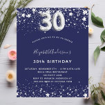 Lámina Presupuesto 30 cumpleaños invitación de plata azul<br><div class="desc">Una invitación moderna,  elegante y glamurosa para un fiesta de 30 años. Un fondo azul marino,  decorado con estrellas de imitación plateadas. Personalice y agregue su nombre y detalles del fiesta. El número 30 se escribe con un tipo de letra de estilo globo.</div>