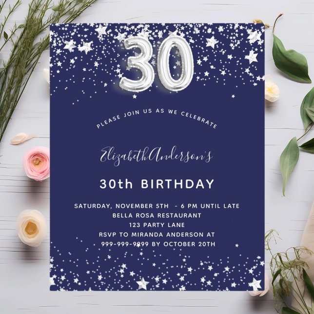 Lámina Presupuesto 30 cumpleaños invitación de plata azul (Subido por el creador)