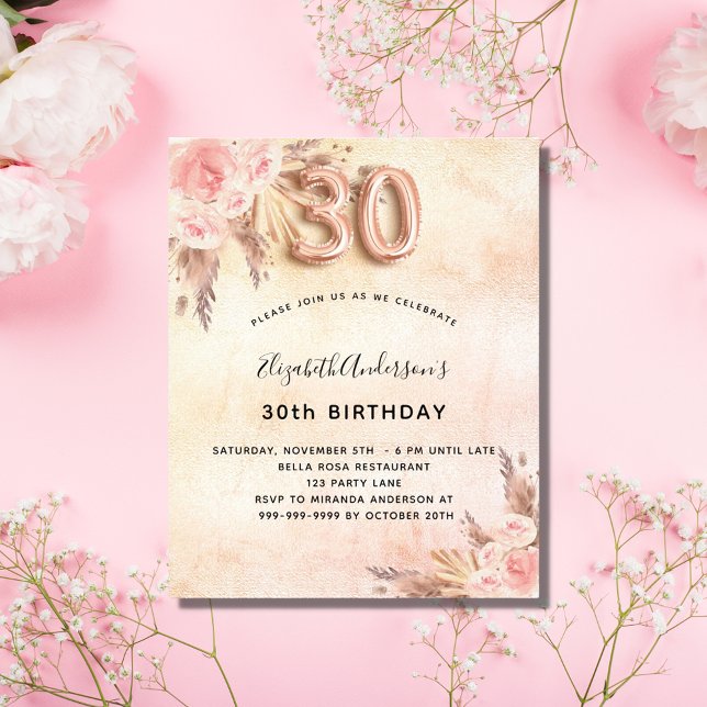 Lámina Presupuesto 30 cumpleaños pampas rosa invitación (Subido por el creador)