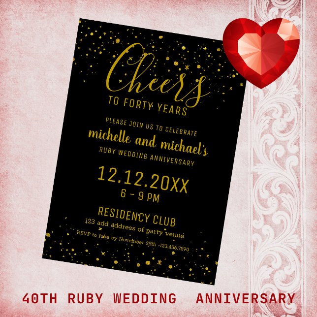 Lámina Presupuesto 40° aniversario de Boda de rubí oro ne ( Ruby Wedding Anniversary - black and gold cheers to 40 years invitation to  celebrate the occasion.)